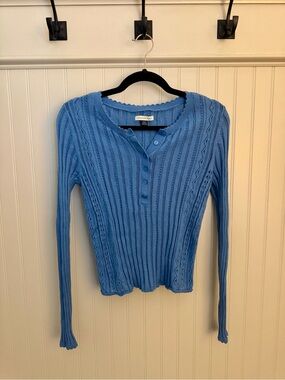 American Eagle Outfitters Light Blue Ribbed Henley Long Sleeve Top